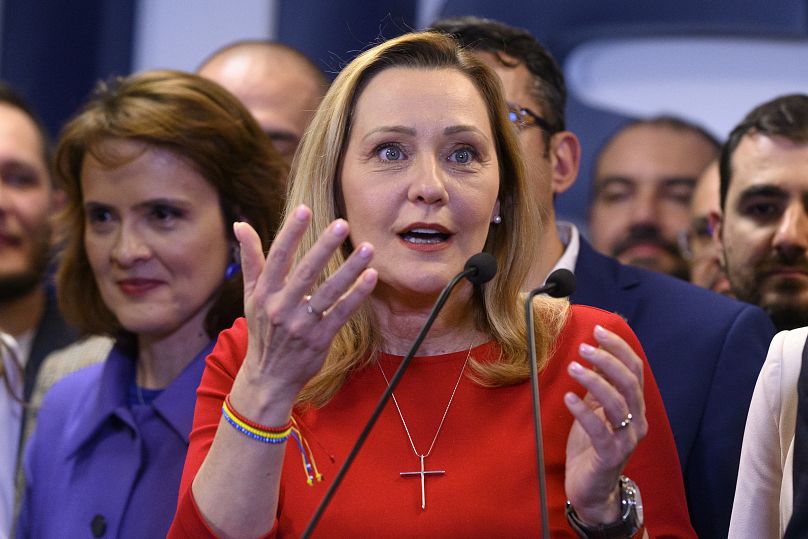 Elena Lasconi, the Save Romania Union party candidate for president, speaks to the media after polls closed in Bucharest, 24 November, 2024