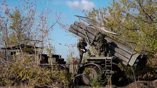 In this photo from a video released by Russian Defense Ministry press service on Nov. 25, 2024, Russian servicemen operate a multiple rocket launcher in undisclosed location