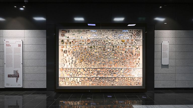 Ancient antiquities are displayed at the newly built Agias Sofias metro station ahead of its 30 November official opening, in Thessaloniki, northern Greece.
