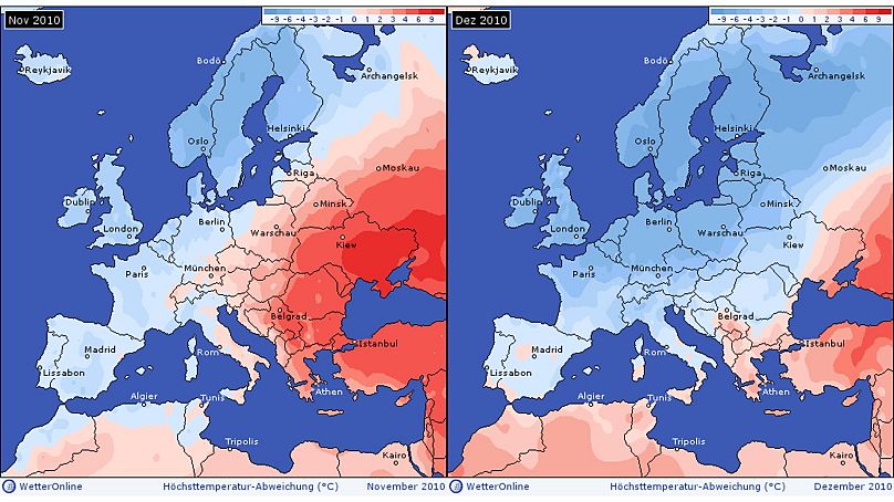 Two historic temperature anomaly maps show how cold the months of November and December 2010 were