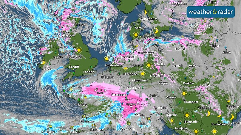 Europe last week: Pink shows areas of snowfall, blue shows areas of rain