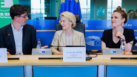 Greens/EFA's chairs Bas Eickout and Terry Reintke with European Commission's president Ursula von der Leyen