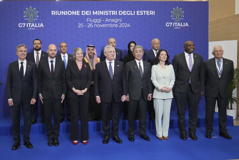 Family photo of G7 foreign ministers in Fiuggi near Rome in Italy, Monday, Nov. 25, 2024.