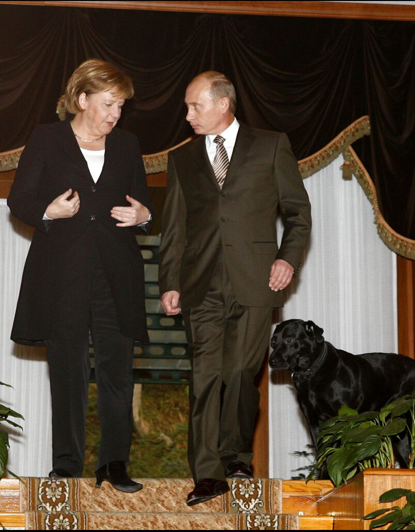 German Chancellor Angela Merkel speaks as she walks with Russian President Vladimir Putin and his dog Cony during the meeting in Putin's residence in the Russian Black Sea res