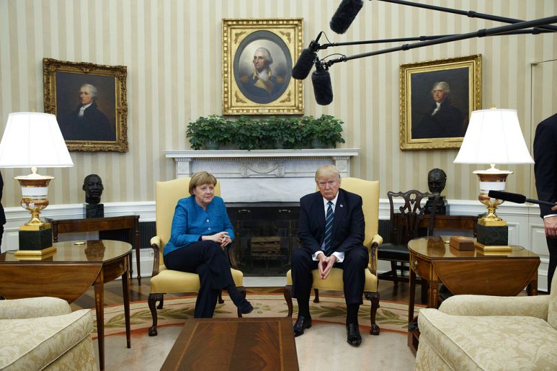 President Donald Trump meets with Angela Merkel in the Oval Office of the White House in Washington, Friday, March 17, 2017