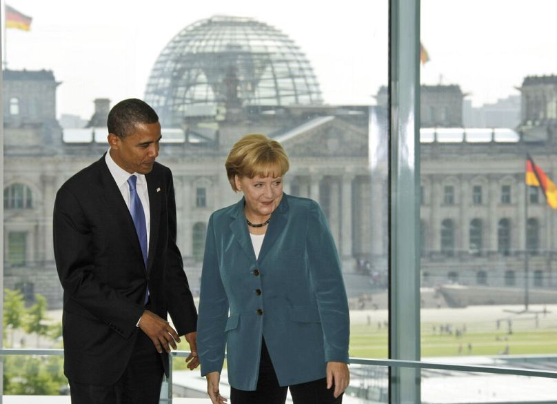 U.S. Democratic presidential candidate Sen. Barack Obama, D-Ill., left, is welcomed by German Chancellor Angela Merkel, right, in the chancellery in Berlin Thursday, July 2008