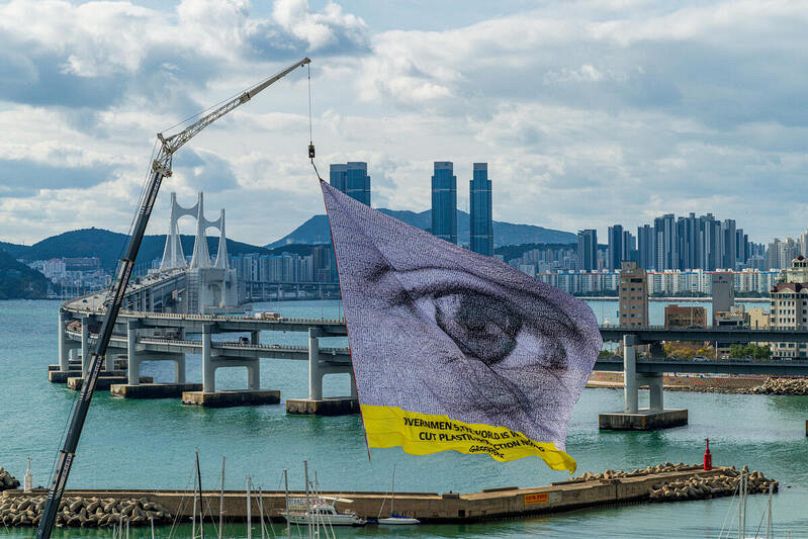 A Greenpeace flag with a giant eye looms over Busan, in South Korea, where treaty talks are being held