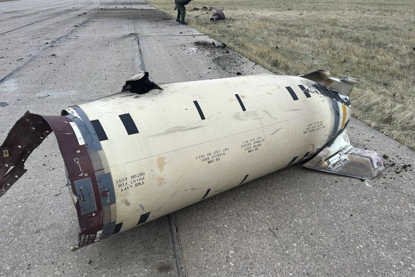 Photo released by Russian Defense Ministry official Telegram channel showing fragments of a missile fired by Ukraine at Kursk region on Tuesday, Nov. 26, 2024.