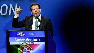 André Ventura, leader of Portugal populist right wing party Chega, delivers a speech in Rome, Saturday 23 March 2024.