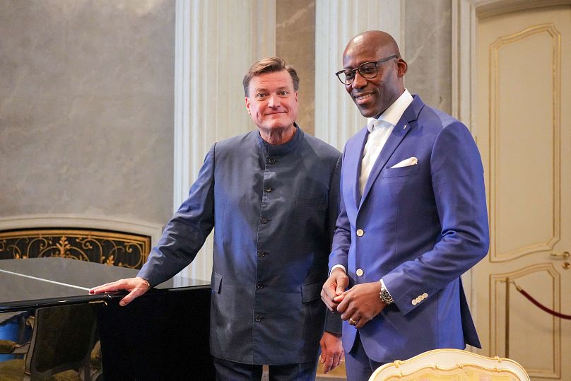 Christian Thielemann, future General Music Director of the Staatsoper Unter den Linden, left, stands with Berlin's Senator for Culture Joe Chialo