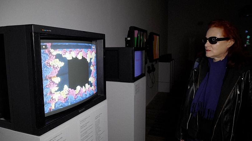 Artist Suzanne Teister observing her 'Fictional Videogame Stills' work 