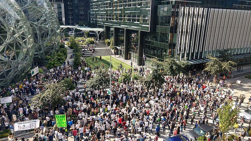 Amazon workers congregate to demand better climate pledges from the retail giant