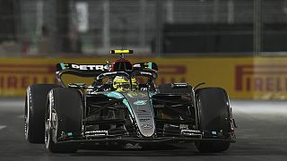 Mercedes driver Lewis Hamilton, of Britain, drives during the final practice session for the Formula One U.S. Grand Prix auto race, Friday, Nov. 22, 2024, in Las Vegas