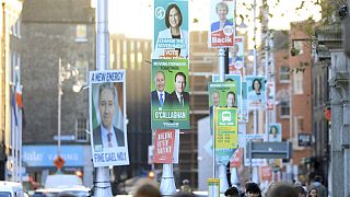 Irish election posters hang from lampposts in Dublin City centre. 26 November 2024.