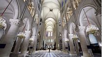 The nave of Notre-Dame de Paris cathedral is seen while French President Emmanuel Macron visits the restored interiors of the cathedral, Friday Nov. 29, 2024, in Paris