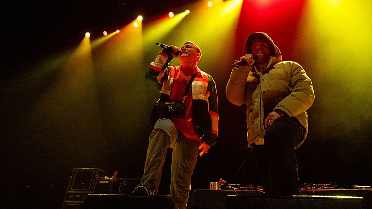 Moglai Bap, left, and Mo Chara of Kneecap perform on Sunday, March 17, 2024, in Boston.