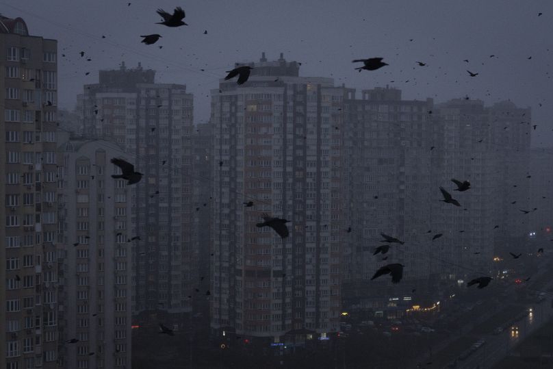 Crows fly above multi-storey apartment buildings during a blackout in Kyiv, Ukraine, Friday Nov. 29, 2024.