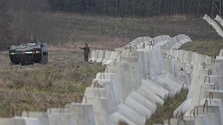 Concrete barriers that are part of Poland's East Shield fortification at Poland's border with Russia in Dabrowka, Poland, on Nov. 30, 2024. (AP Photo/Czarek Sokolowski)