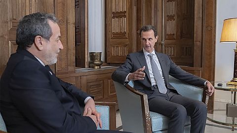 This photo released on the official Telegram page of the Syrian Presidency shows Iranian Foreign Minister Abbas Araghchi and Syrian President Bashar Assad meeting in Damascus.