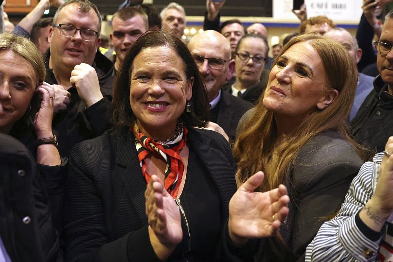 Sinn Féin president Mary Lou McDonald celebrates with supporters after arriving at the count at the Royal Dublin Society in Dublin, 30 November, 2024