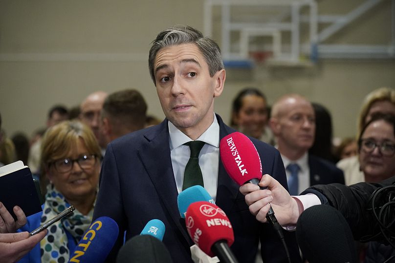 Taoiseach and Fine Gael leader Simon Harris speaks to the media as he arrives at an election count centre in County Wicklow, 30 November, 2024