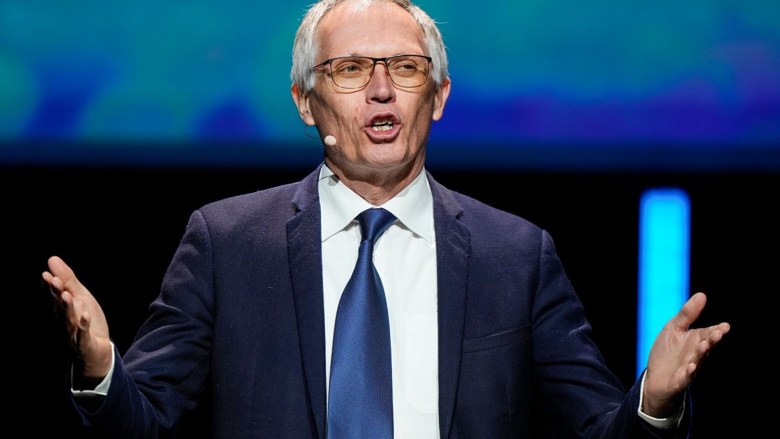 CEO Stellantis Carlos Tavares speaks during the Paris Automotive Summit on the sideline of the Paris Auto Show, in Paris, Tuesday, Oct. 15, 2024. (AP Photo/Michel Euler)