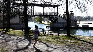 A woman exercises in Lille, France, in April 2020.