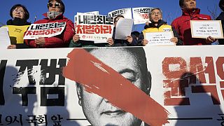 Protesters stage a rally to demand South Korean President Yoon Suk Yeol to step down in front of the National Assembly in Seoul, Wed, Dec. 4, 2024. The signs read "Punish."
