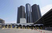 General Motors' world HQ, the Renaissance Center, near the Detroit-Windsor tunnel plaza in Detroit