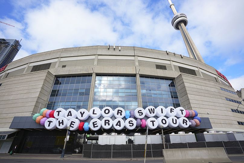 A sign replicating the popular Taylor Swift bracelet is displayed in front of Rogers Centre promoting Swift's The Eras Tour in Toronto - 13  Nov. 2024