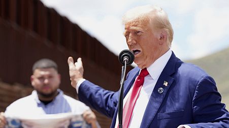 Republican presidential nominee former President Donald Trump speaks along the southern border with Mexico, Thursday, Aug. 22, 2024.