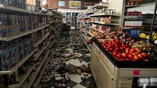 Drinks and other food items are toppled on the floor inside Hoby's Market and Deli in Scotia after a magnitude 7.0 earthquake, 5 December, 2024