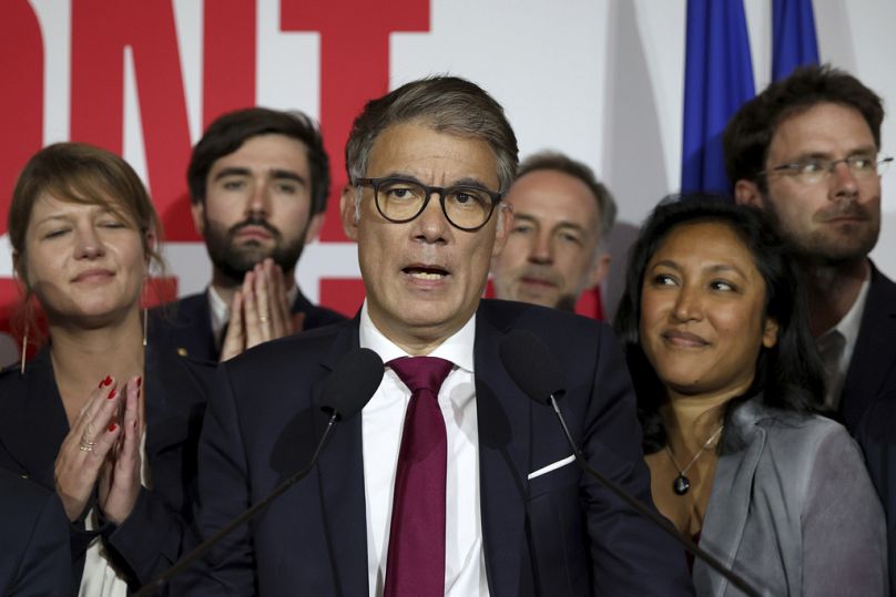 livier Faure, First Secretary of the Socialist Party delivers a speech after the second round of the legislative elections, Sunday, July 7, 2024