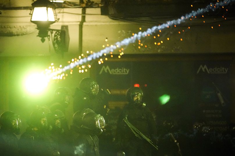La police bloque une rue lors d'une manifestation contre la décision du gouvernement de suspendre les négociations sur l'adhésion à l'UE à Tbilissi, le 7 décembre 2024