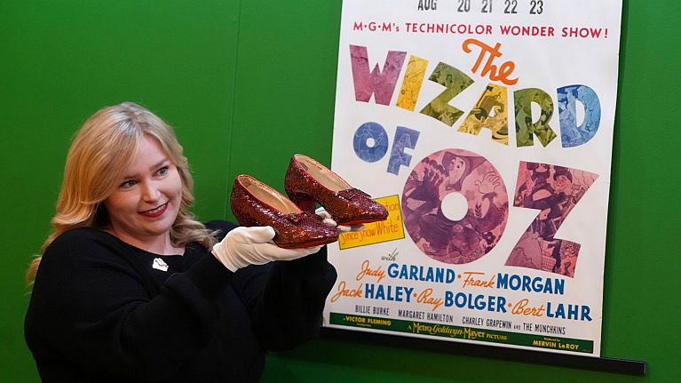 The original ruby slippers worn by Judy Garland in the classic 1939 film The Wizard of Oz being displayed in London ahead of the auction.
