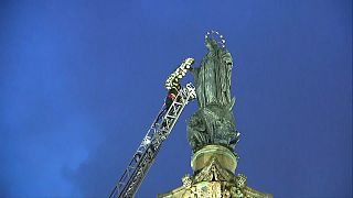 Firefighter placing a wreath of flowers on the arm of the statue of the Virgin Mary in Rome, Italy, 08.12.2024