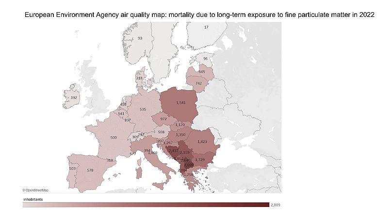 A map from the European Environment Agency's new health report showing mortality levels due to fine particulate matter across Europe