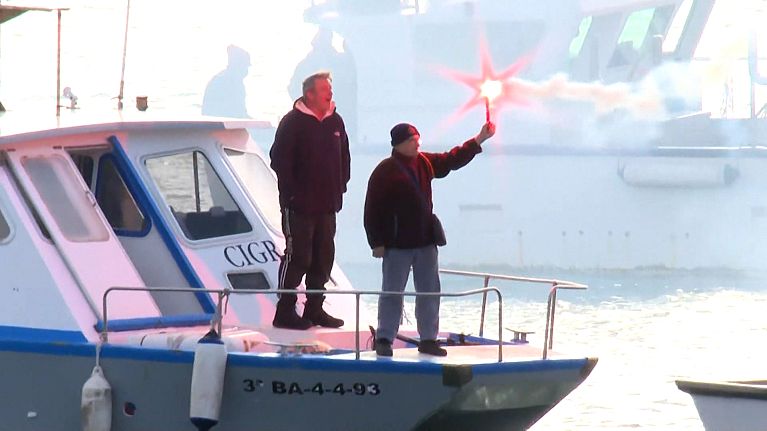Fishermen protest in front of EU Commission HQ in Madrid against fishing day quotas