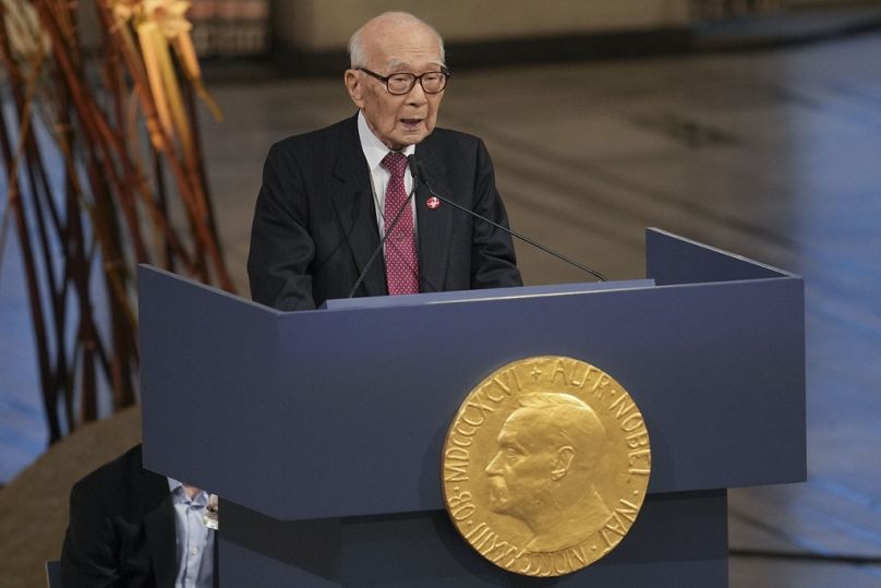 Terumi Tanaka, représentant de Nihon Hidankyo, lauréat du prix Nobel de la paix de cette année.