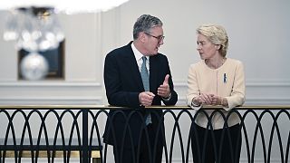 Britain's Prime Minister Keir Starmer, left, speaks with the President of the European Commission Ursula von der Leyen on Sept. 25, 2024, in New York.