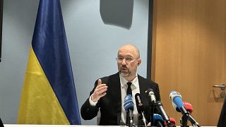 Ukrainian PM Denys Shmyhal at today's German-Ukrainian Economic Forum press conference.