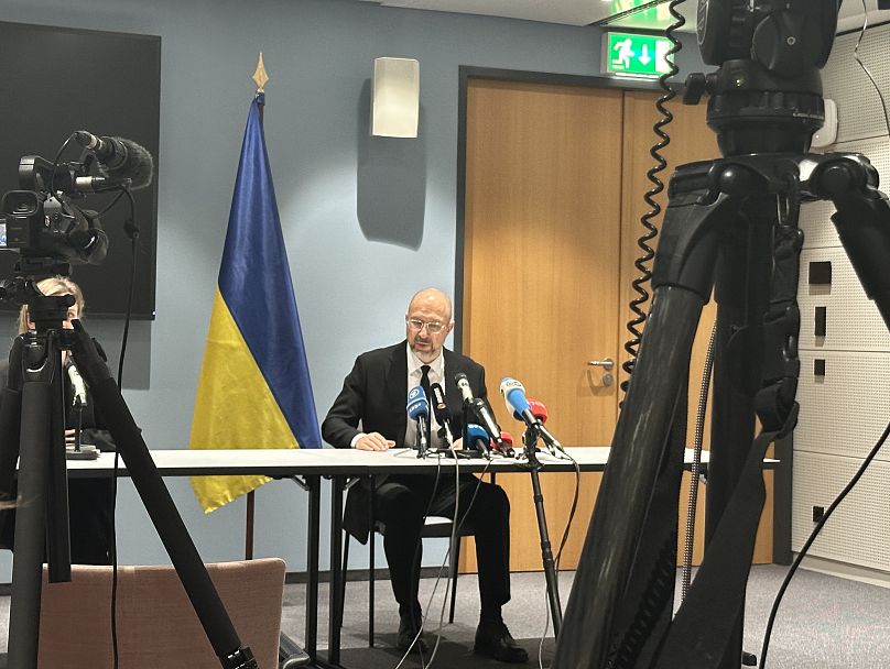 Ukranian Prime Minister Denys Shmyhal at today's press conference in Berlin.