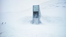 The portal building and the entrance of the Seed Vault on a winterly day