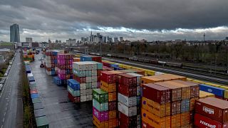 Containers are stacked at the cargo terminal, in Frankfurt, Germany. 6 December 2024.