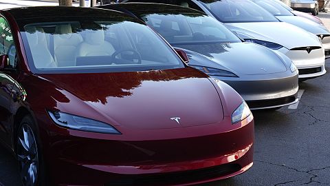 Tesla vehicles are displayed at the AutoMobility LA Auto Show,Thursday, Nov. 21, 2024, in Los Angeles. 
