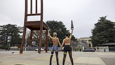 Femen activists demonstrate in support of Ukraine outside the European headquarters of the United Nations (UN) in Geneva, Switzerland, 13.12.2024