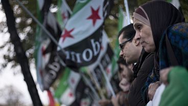 Protesters gather across the street from the Hotel Imperial in Vienna where Syria peace talks took place, 30 October, 2015