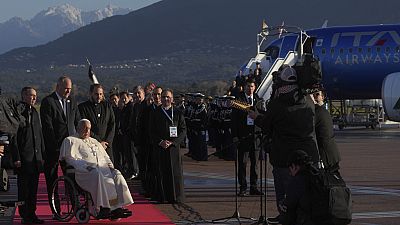 Pope Francis arrives for a one-day visit to Ajaccio on the French island of Corsica, Sunday, Dec.15, 2024.