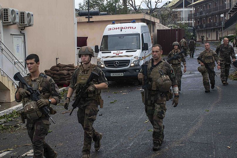 French Army soldiers patrolling in the French territory of Mayotte after Cyclone Chido caused extensive damage, 15 December, 2024