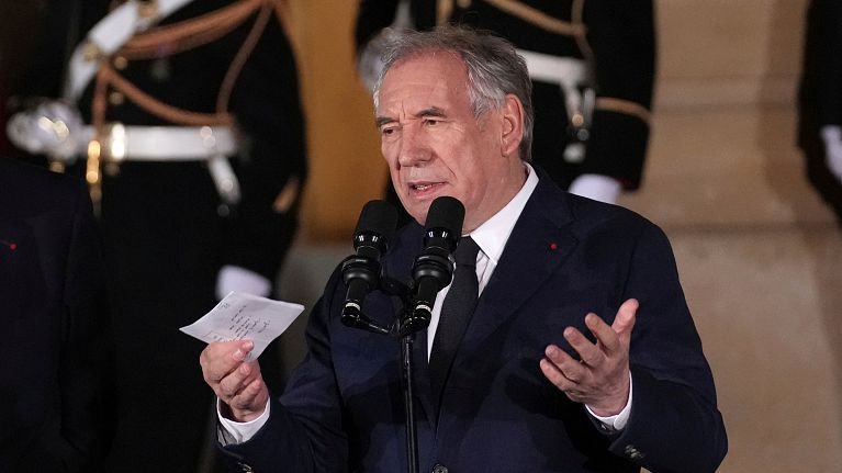 The new Prime Minister François Bayrou speaks after the handover of powers at the Prime Minister's residence on Friday 13 December 2024 in Paris.